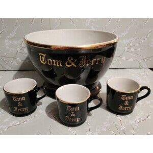 RARE  black & gold-Vintage Hall Pottery Tom And Jerry Punch Bowl Set 3 Cups